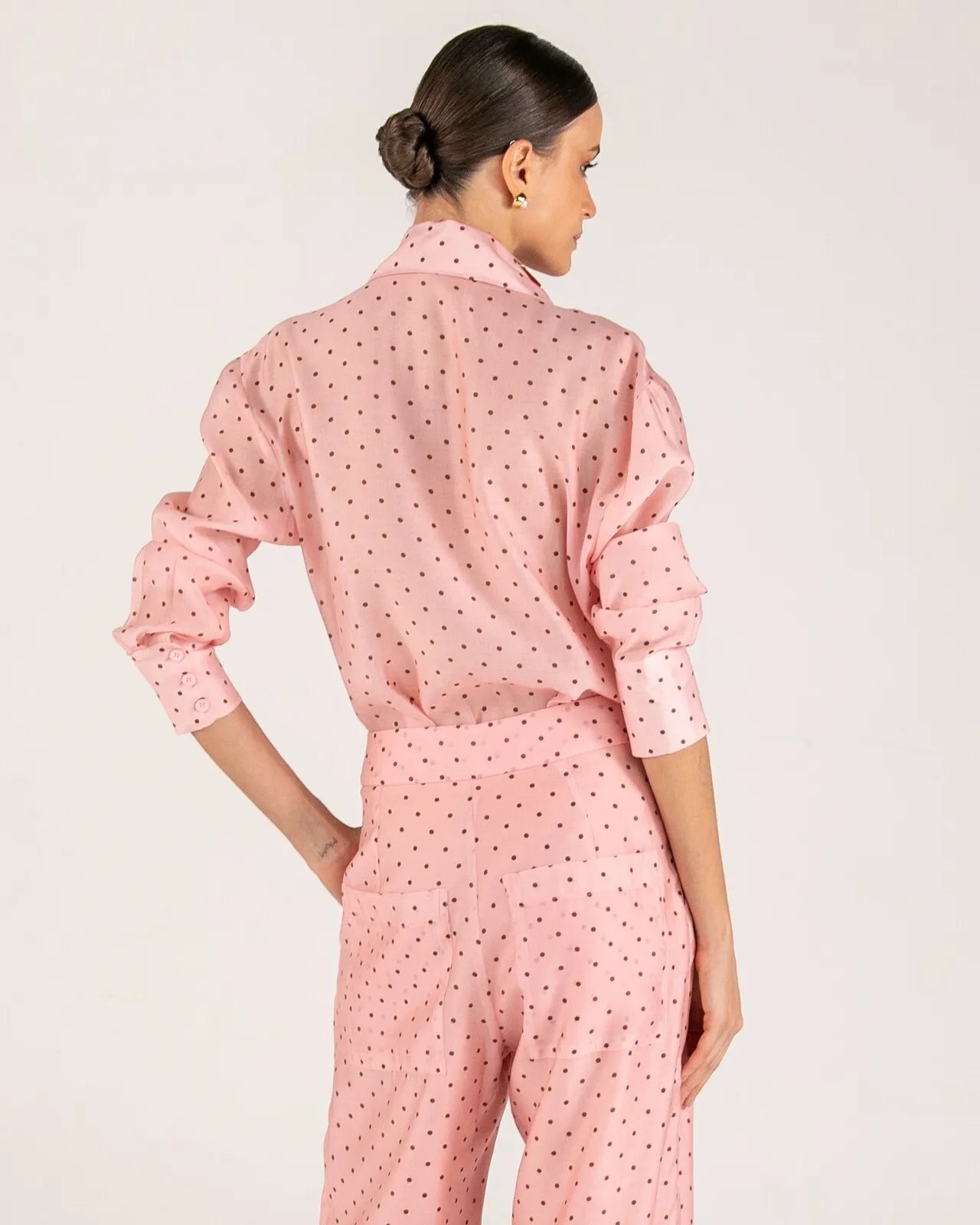 ANF PINK SHIRT WITH BROWN POLKA DOTS