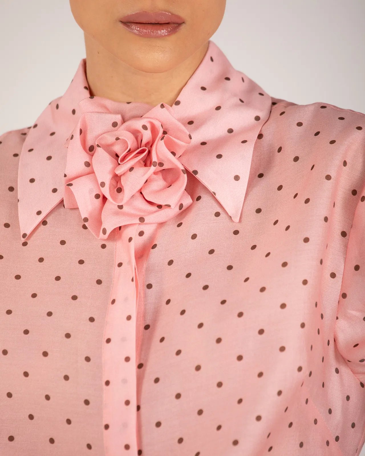 ANF PINK SHIRT WITH BROWN POLKA DOTS