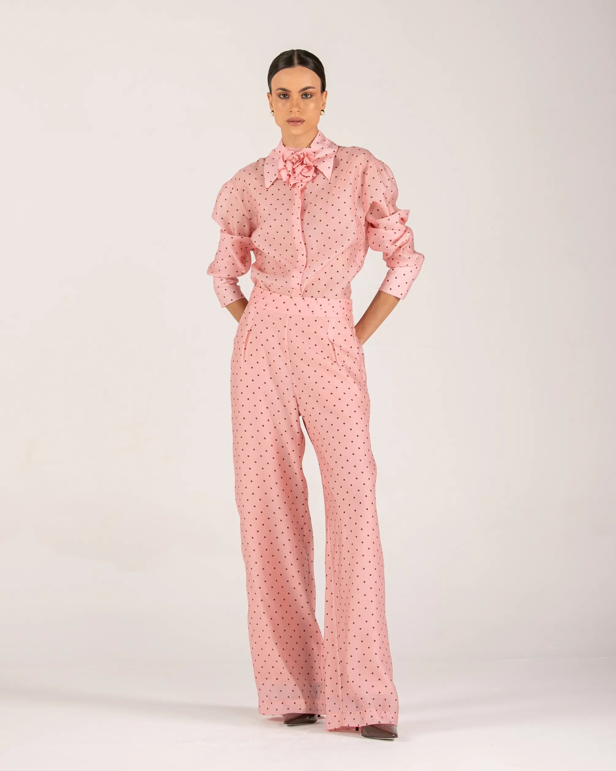 ANF PINK PANTS WITH BROWN POLKA DOTS